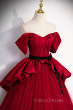 Burgundy Satin Tulle Long Formal Prom Dress, Off Shoulder Evening Dress