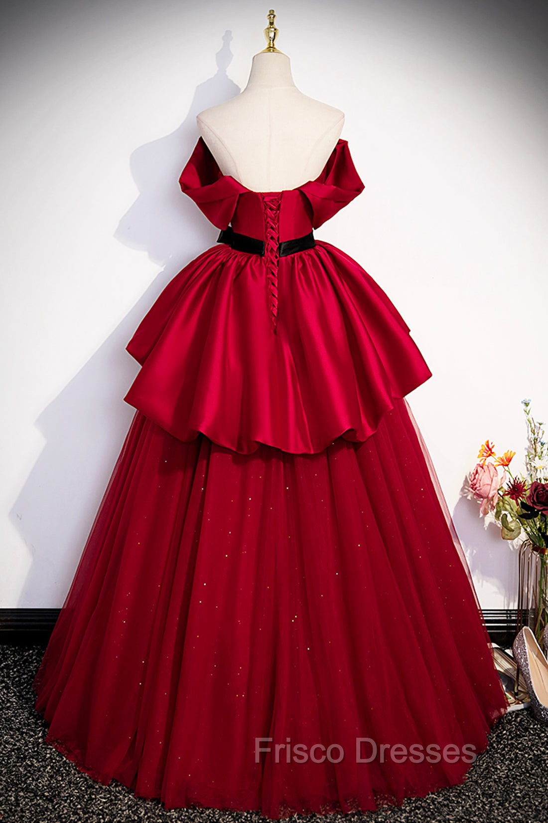 Burgundy Satin Tulle Long Formal Prom Dress, Off Shoulder Evening Dress