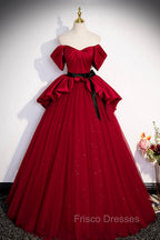 Burgundy Satin Tulle Long Formal Prom Dress, Off Shoulder Evening Dress