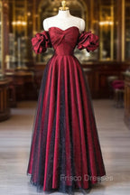 Burgundy Satin Tulle Long Formal Prom Dress, Off Shoulder Evening Party Dress