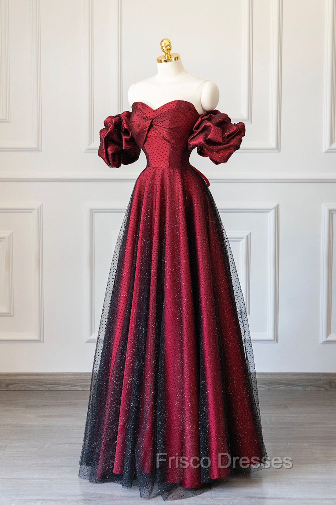 Burgundy Satin Tulle Long Formal Prom Dress, Off Shoulder Evening Party Dress Main image