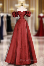 Burgundy Satin Tulle Long Formal Prom Dress, Off the Shoulder Evening Party Dress