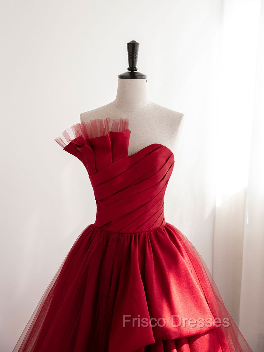 Burgundy Satin Tulle Long Formal Prom Dress, Burgundy Formal Evening Dress