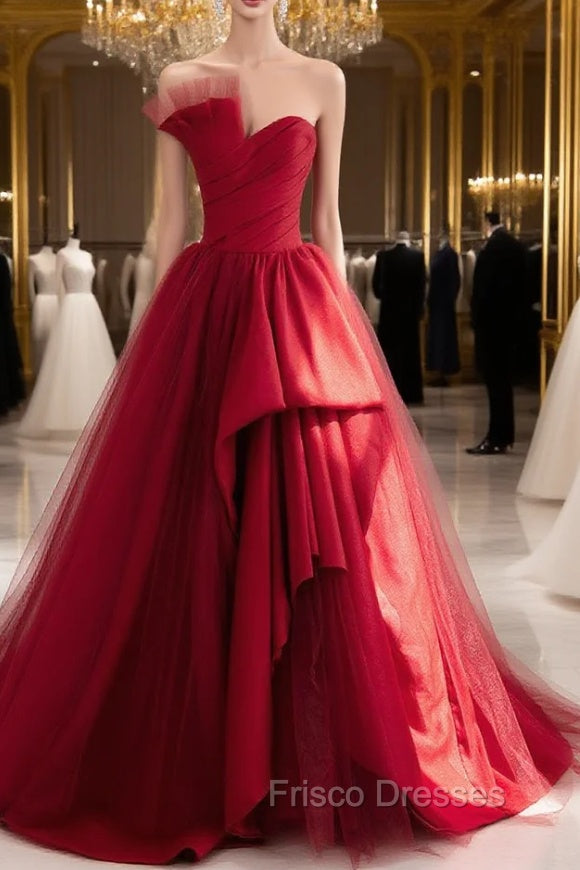 Burgundy Satin Tulle Long Formal Prom Dress, Burgundy Formal Evening Dress Main image