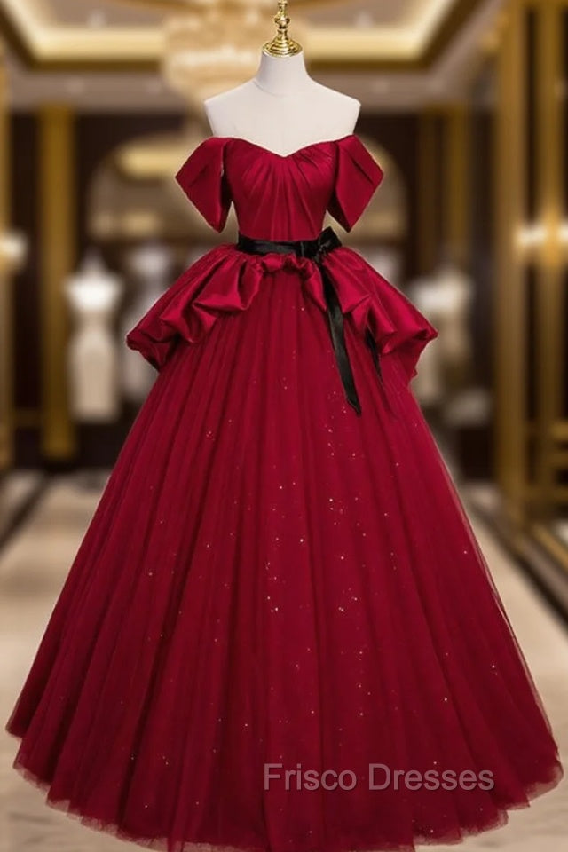 Burgundy Satin Tulle Off the Shoulder Formal Prom Dress Main image