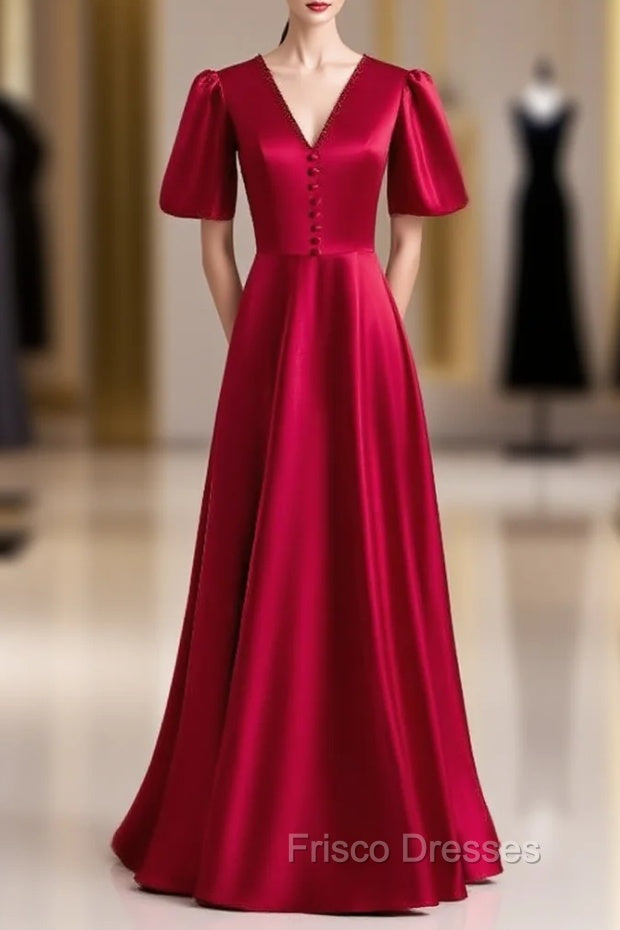 Burgundy Satin V-neck Backless Short Sleeve Formal Prom Dress