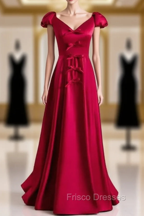 Burgundy Satin V-neck Cap Sleeve Bow Formal Prom Dress