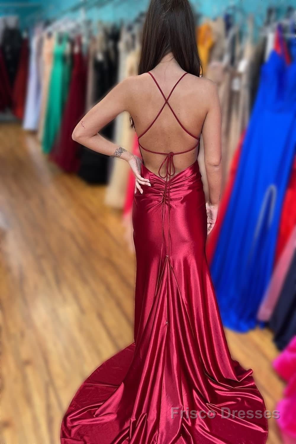 Burgundy Satin V-Neck Mermaid Prom Dress Secondary image