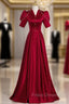 Burgundy Satin V-neck Short Sleeve Pearls Formal Prom Dress