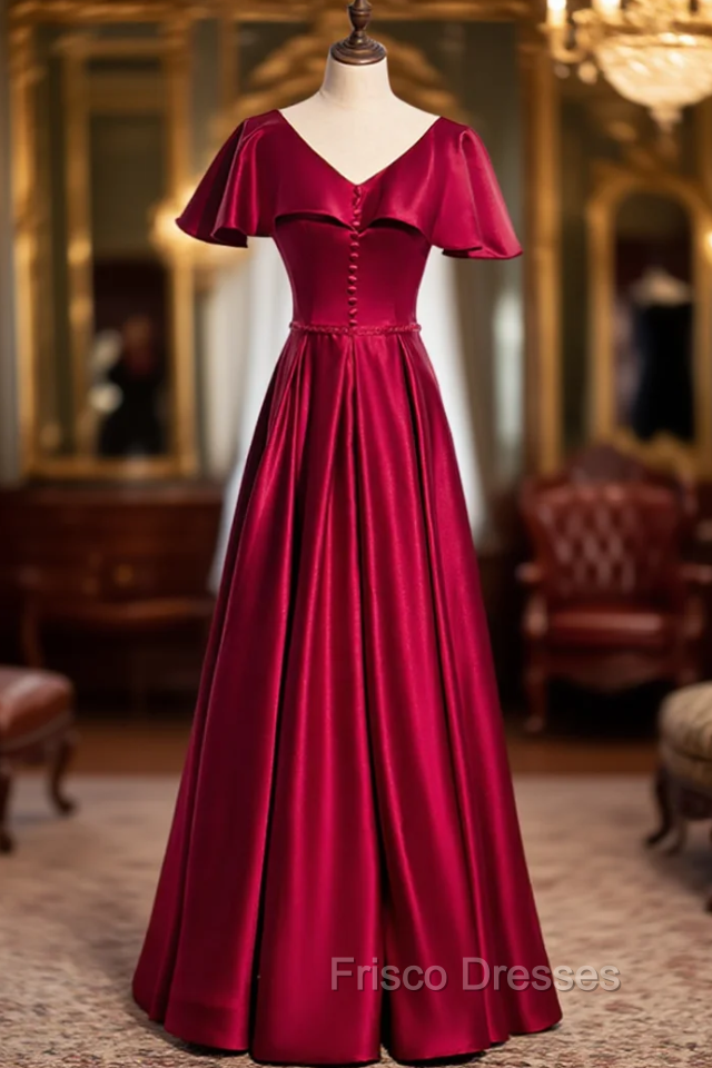 Burgundy Satin V-neck Short Sleeve Formal Prom Dress Main image
