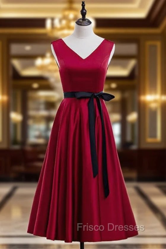 Burgundy Satin V-neck Tea Length Formal Prom Dress With Sash Main image