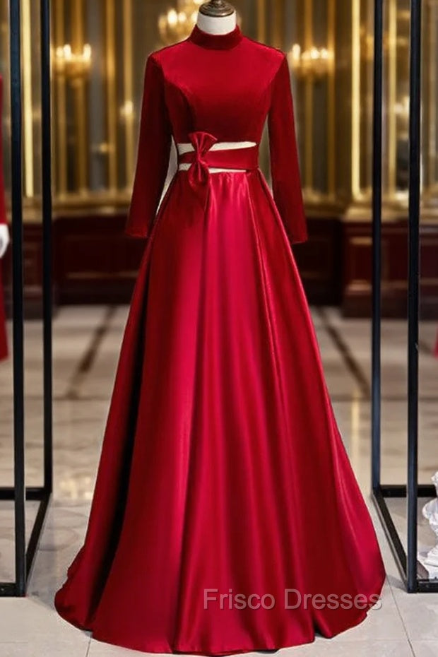 Burgundy Satin Velvet Long Sleeve Cut Out Formal Prom Dress