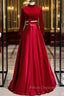 Burgundy Satin Velvet Long Sleeve Cut Out Formal Prom Dress