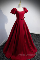 Burgundy Scoop Neckline Satin Long Formal Prom Dress, Short Sleeve Evening Dress