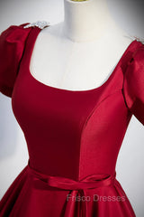 Burgundy Scoop Neckline Satin Long Formal Prom Dress, Short Sleeve Evening Dress