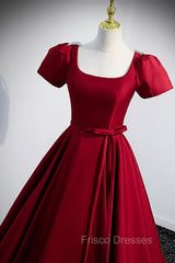 Burgundy Scoop Neckline Satin Long Formal Prom Dress, Short Sleeve Evening Dress