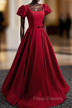 Burgundy Scoop Neckline Satin Long Formal Prom Dress, Short Sleeve Evening Dress