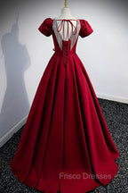 Burgundy Scoop Neckline Satin Long Formal Prom Dress, Short Sleeve Evening Dress