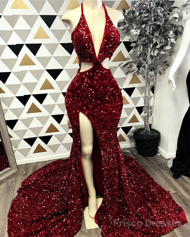 Burgundy Sequin Cut-Out Prom Dresses Main image