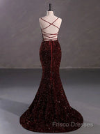 Burgundy Sequin Mermaid Backless Formal Prom Dress Long Formal Dress