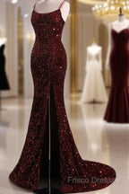 Burgundy Sequin Mermaid Backless Formal Prom Dress Long Formal Dress