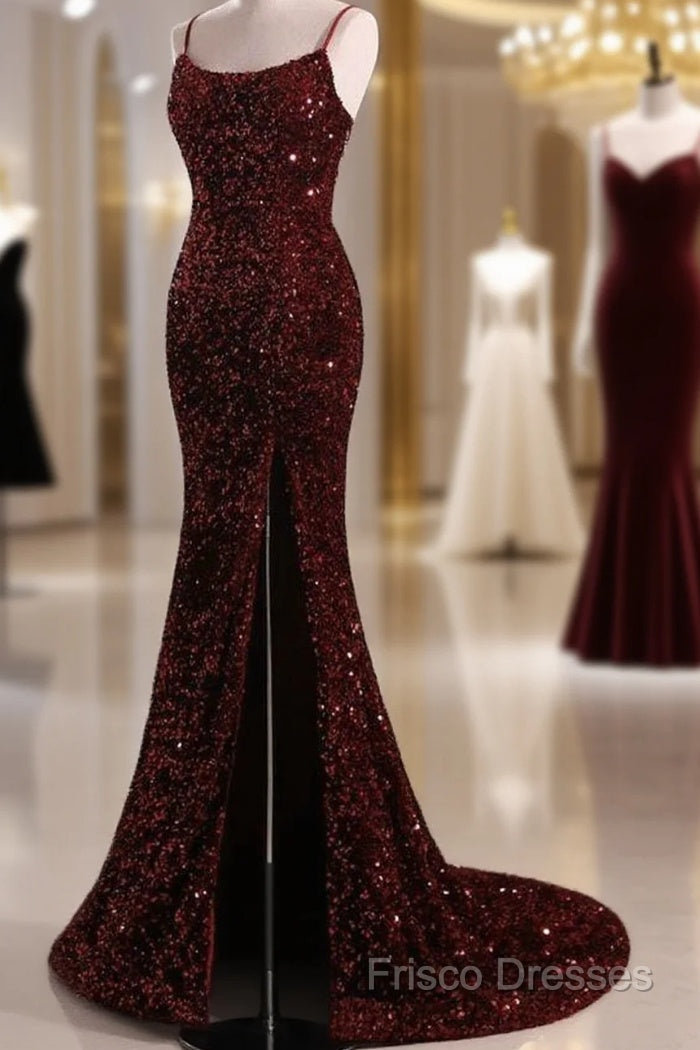 Burgundy Sequin Mermaid Backless Formal Prom Dress Long Formal Dress