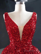 Burgundy Sequins High Low V Neck Ruffles Prom Dress