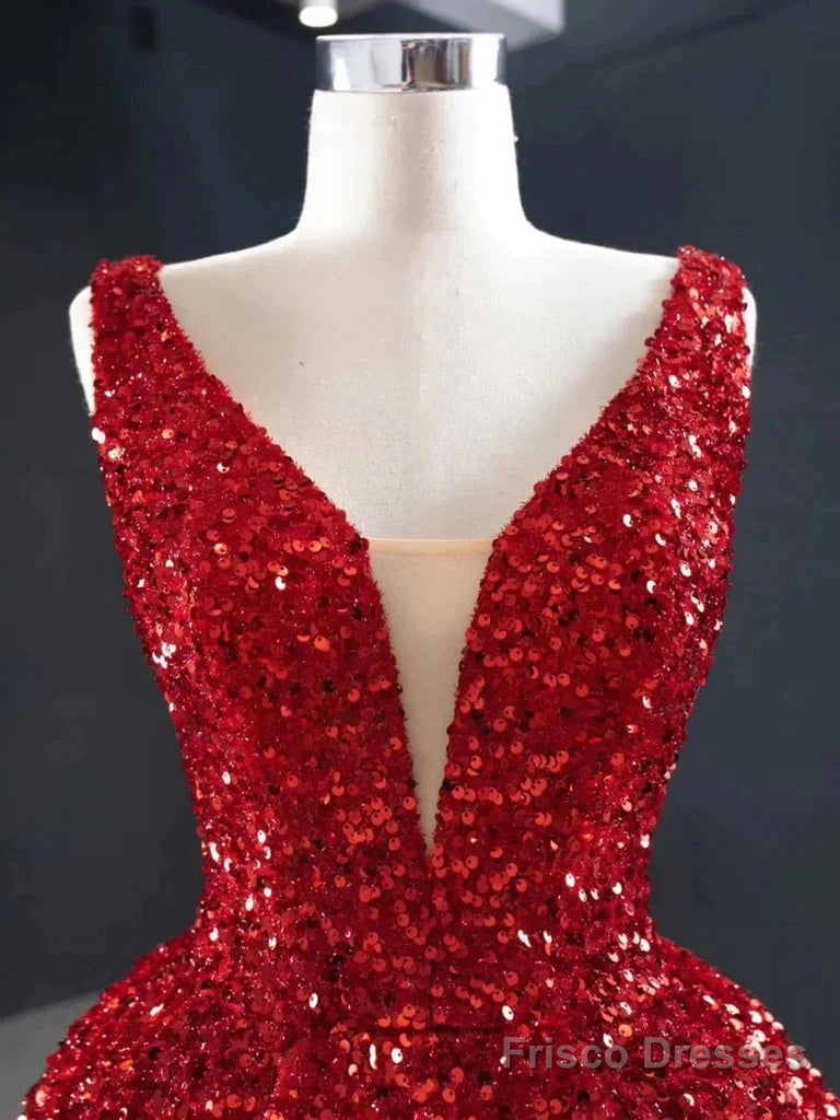 Burgundy Sequins High Low V Neck Ruffles Prom Dress