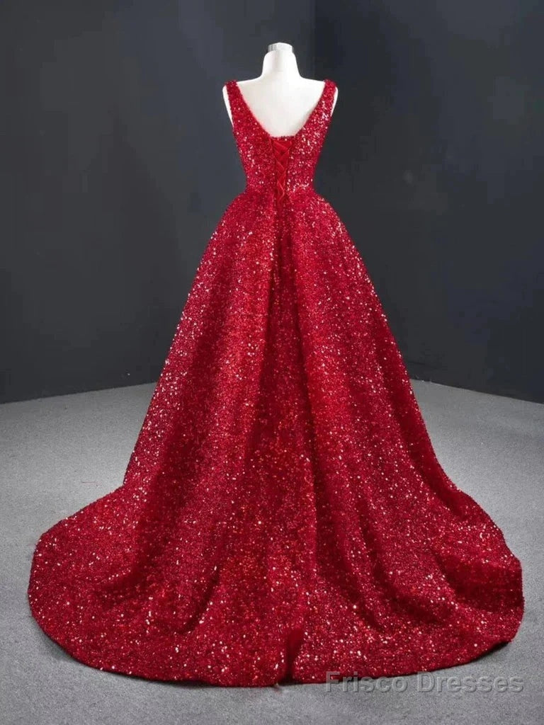 Burgundy Sequins High Low V Neck Ruffles Prom Dress Main image