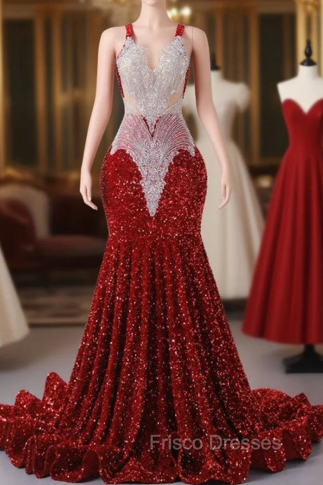 Burgundy Sequins Mermaid Lace Formal Prom Dress Main image