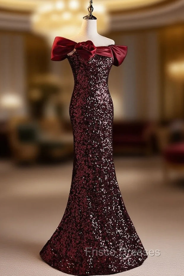Burgundy Sequins Mermaid Off the Shoulder Formal Prom Dress
