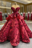 Burgundy Sequins Off the Shoulder 3D Flower Floor Length Formal Prom Dress
