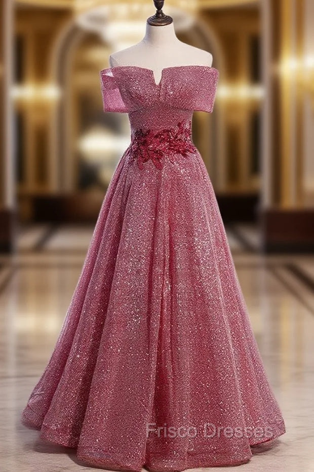 Burgundy Sequins Off the Shoulder Appliques Formal Prom Dress