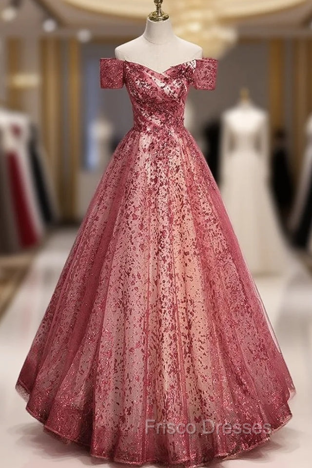 Burgundy Sequins Off the Shoulder Formal Prom Dress Main image