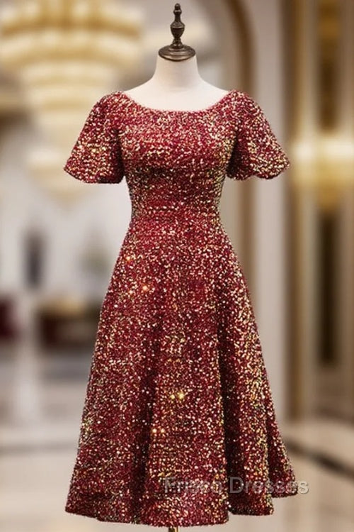Burgundy Sequins Puff Sleeve Tea Length Formal Prom Dress Main image