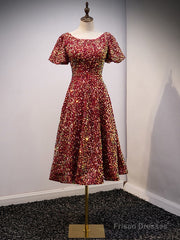 Burgundy Sequins Puff Sleeve Tea Length Prom Dress