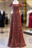 Burgundy Sequins Square Short Sleeve Formal Prom Dress