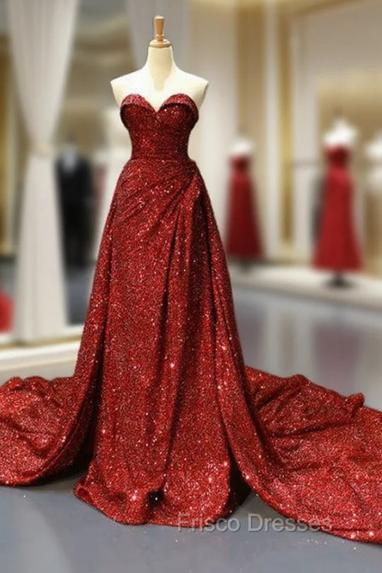 Burgundy Sequins Sweetheart Pleats Formal Prom Dress With Long Train Main image