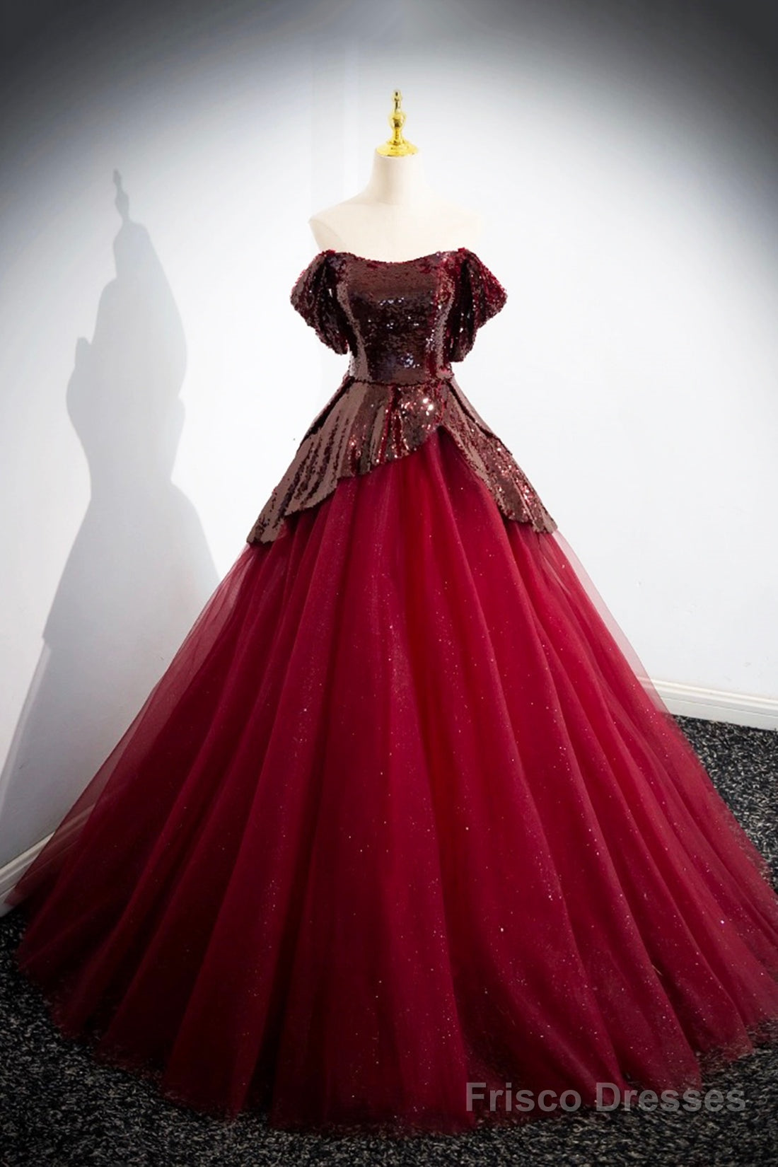 Burgundy Sequins Tulle Long Prom Dress, Elegant A-Line Evening Dress Main image
