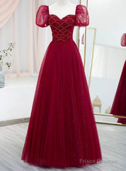 Burgundy Sequins Tulle Puff Sleeve Beading Prom Dress