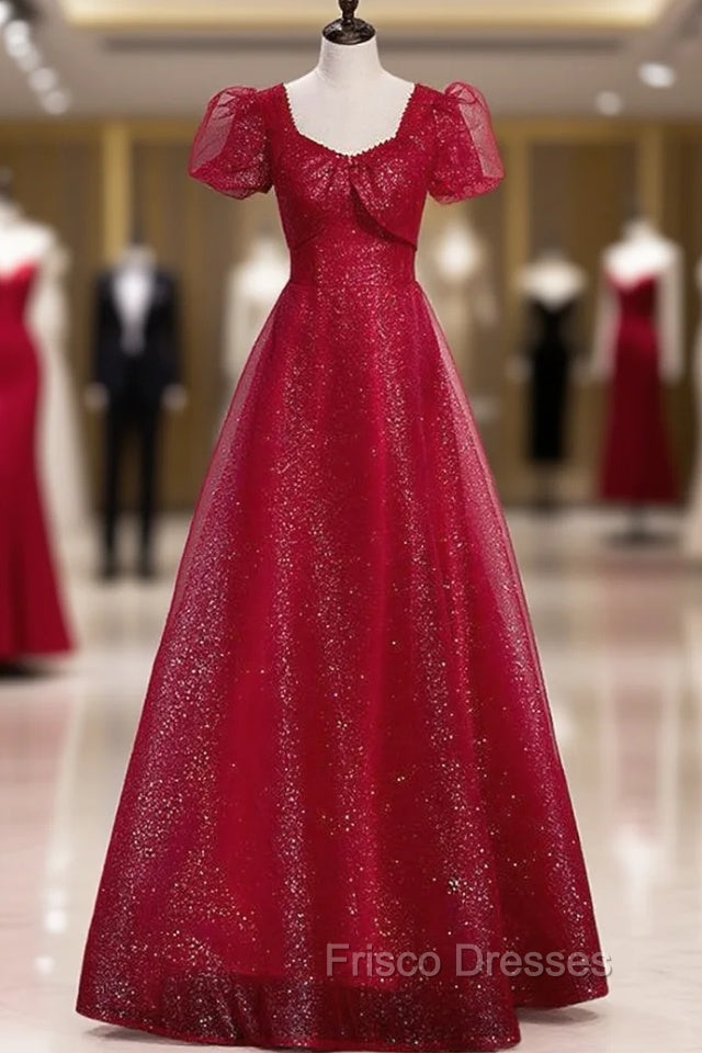 Burgundy Sequins Tulle Square Short Sleeve Formal Prom Dress