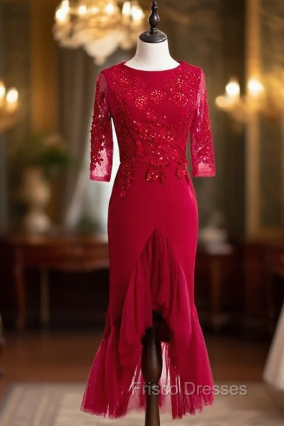 Burgundy Sheath Satin Tulle Appliques Short Sleeve Short Formal Prom Dress Main image