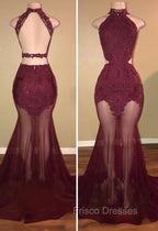 Burgundy Sheer-Tulle Lace-Appliques High-Neck Mermaid Formal Prom Dress