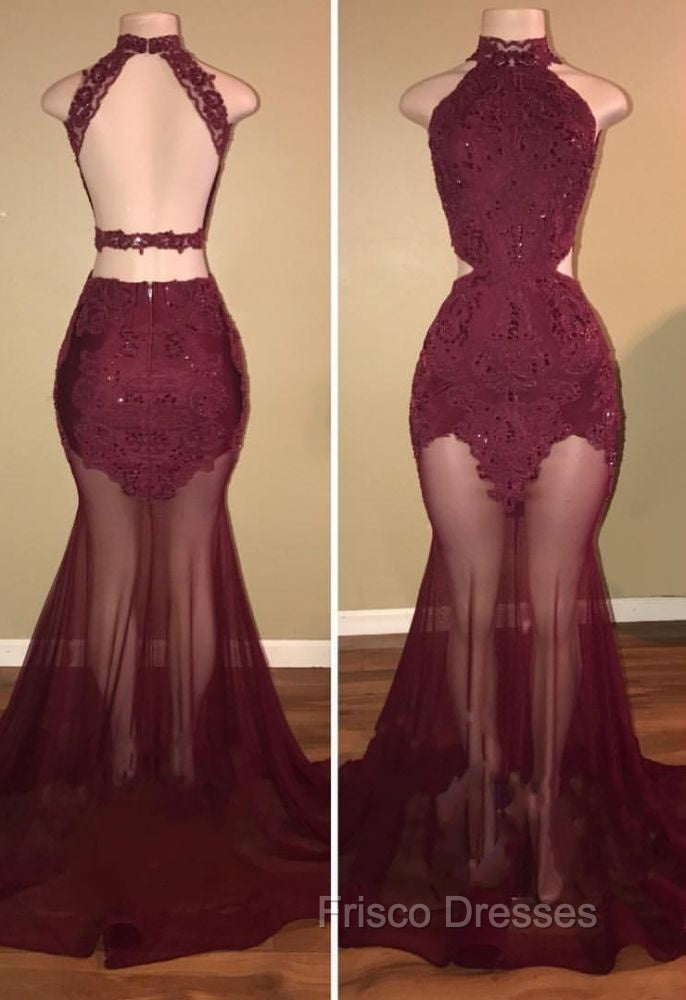 Burgundy Sheer-Tulle Lace-Appliques High-Neck Mermaid Formal Prom Dress