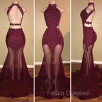 Burgundy Sheer-Tulle Lace-Appliques High-Neck Mermaid Formal Prom Dress