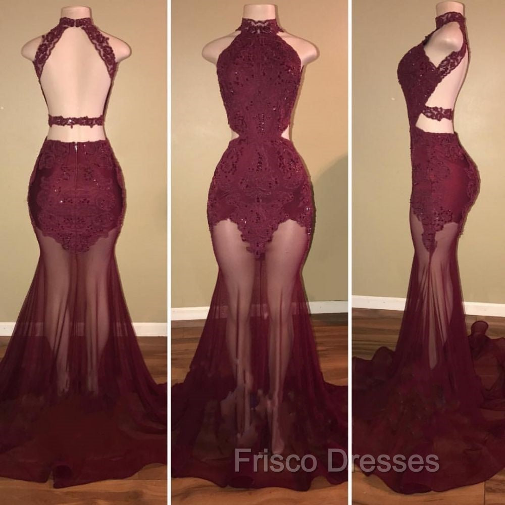 Burgundy Sheer-Tulle Lace-Appliques High-Neck Mermaid Formal Prom Dress