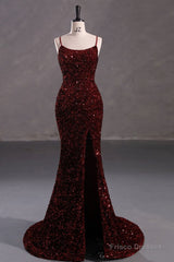 Slim Burgundy Shimmery Open Back Formal Prom Evening Dress