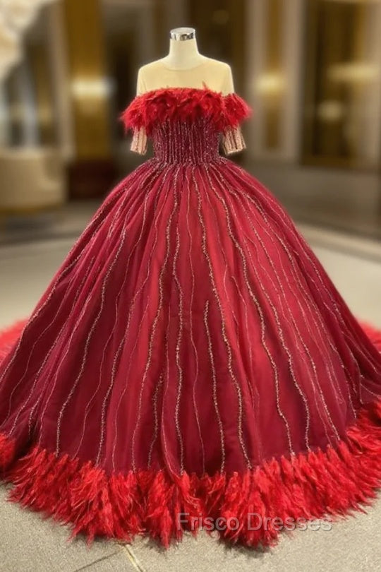 Burgundy Short Sleeve Beading Feather Formal Prom Dress