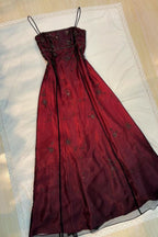 Burgundy Spaghetti Straps Exquisite Beaded Long Tulle Ball Gown Evening Dress Prom Dress
