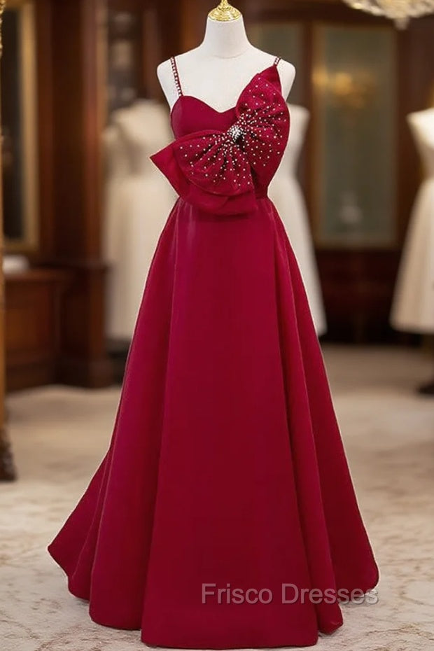 Burgundy Spaghetti Straps Pearls Bow Formal Prom Dress Main image